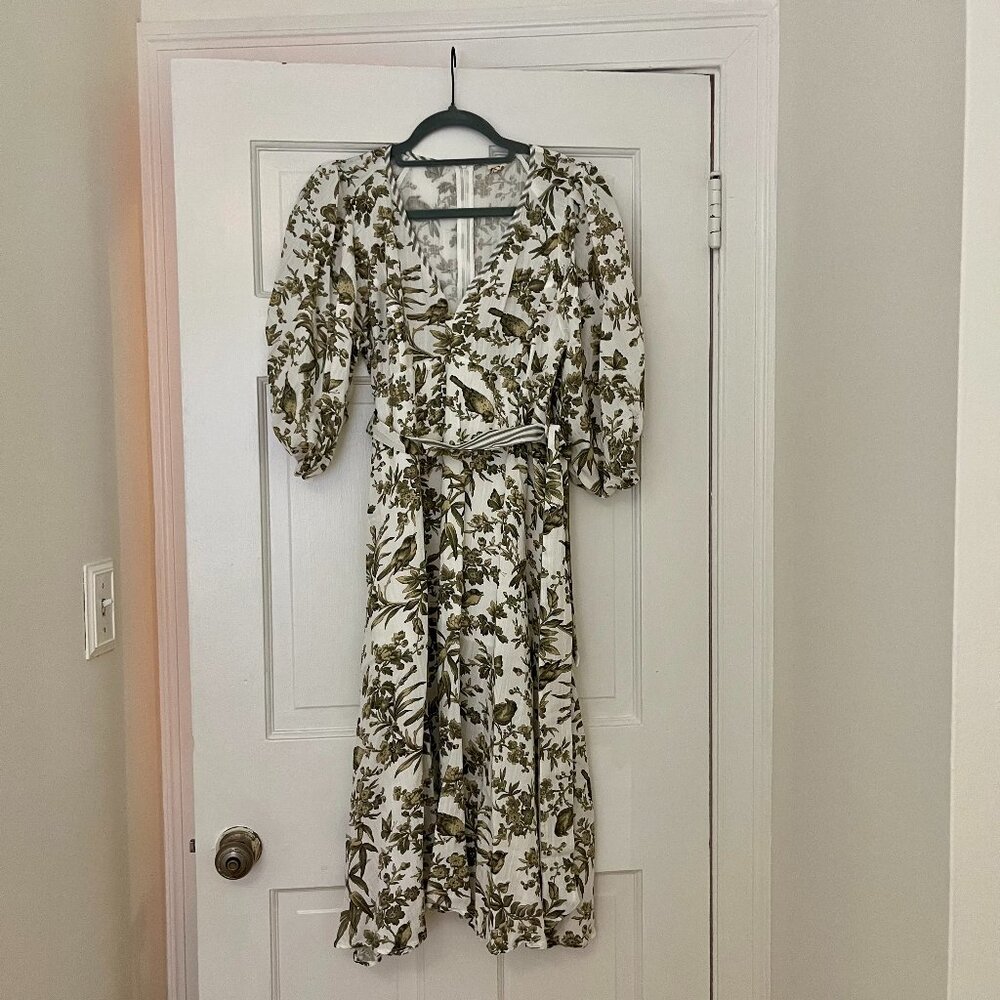 Women's Linen Dress Green and White Patterned Size Medium